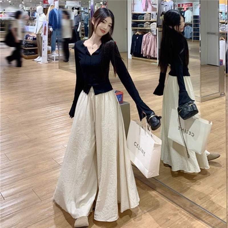 秋季新款女装套装休闲时尚v领喇叭袖上衣阔腿裤裙今年流行两件套|undefined