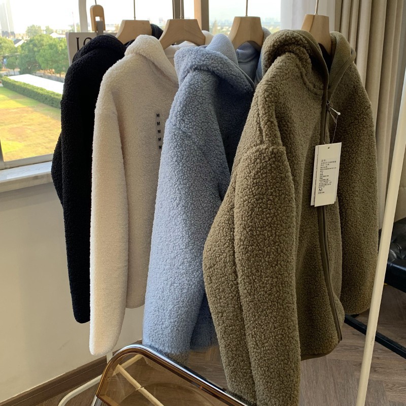Daily list! Fitting Room Autumn and Winter Solid Color All-match Loose Warm Fleece Fleece Lamb Wool Hooded Jacket for Women