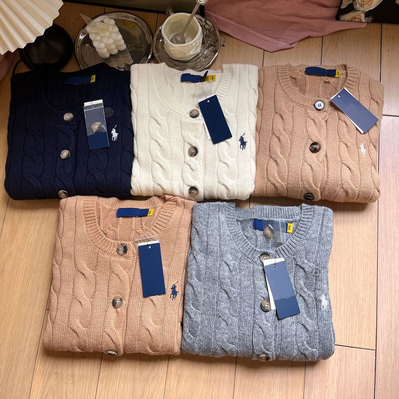 Original Export 80% Wool 20% Cashmere Ralph Lauren Logo Embroidered Cable Knit Cardigan Twisted Wool Cardigan