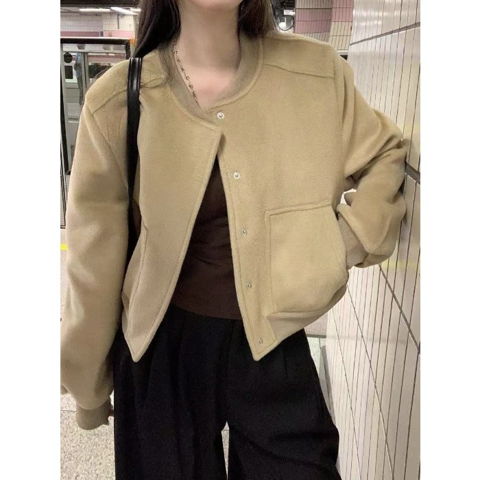 2025跨境秋冬美式棒球服外套女复古宽松短款纯色卡其夹克休闲外套|undefined