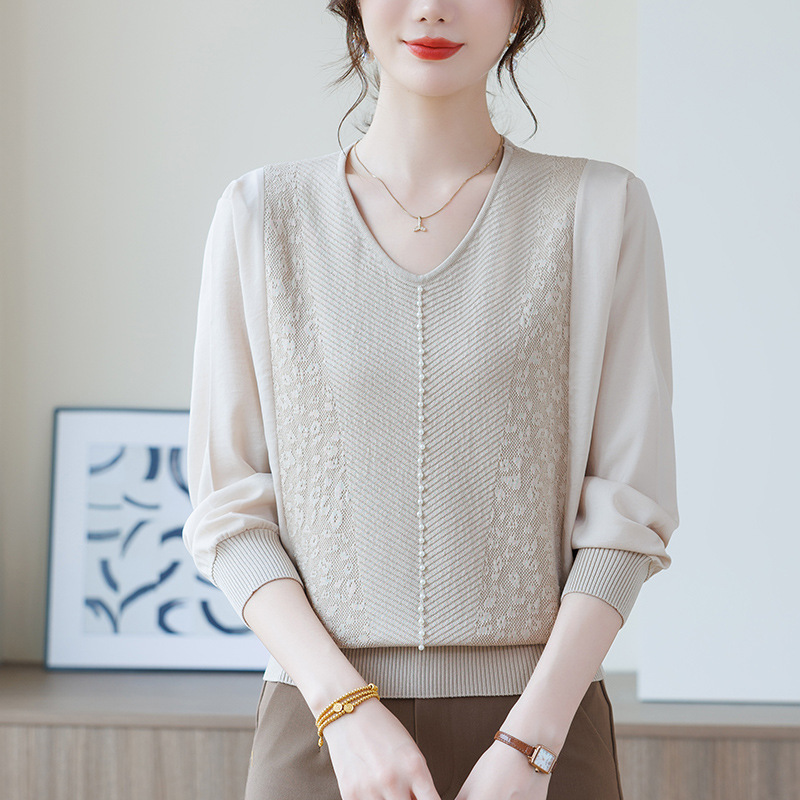 V领拼接针织衫女2025春秋薄款宽松遮肚子打底衫显瘦妈妈高级感|undefined