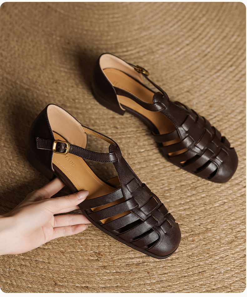 Sandal nữ da bò dệt rỗng quai chữ T phong cách Anh, mũi tròn đế bệt La Mã — màu nâu chi tiết 6
