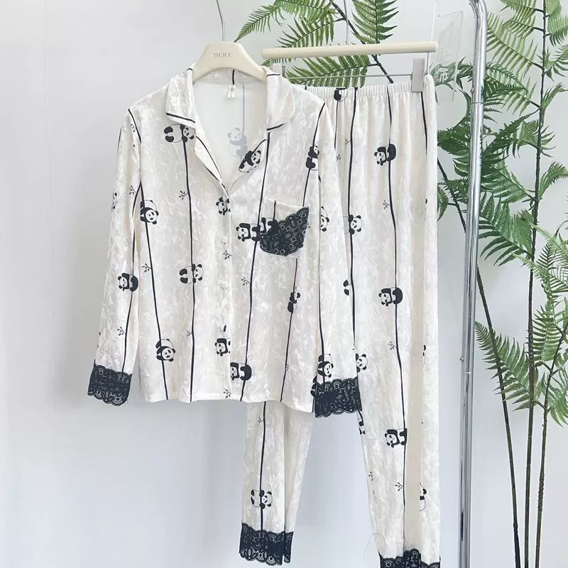 Милая Пижама с мультяшной пандой, Женская весенне-осенняя бархатная Повседневная простая Домашняя одежда с длинными рукавами и бриллиантами, женский осенне-зимний костюм