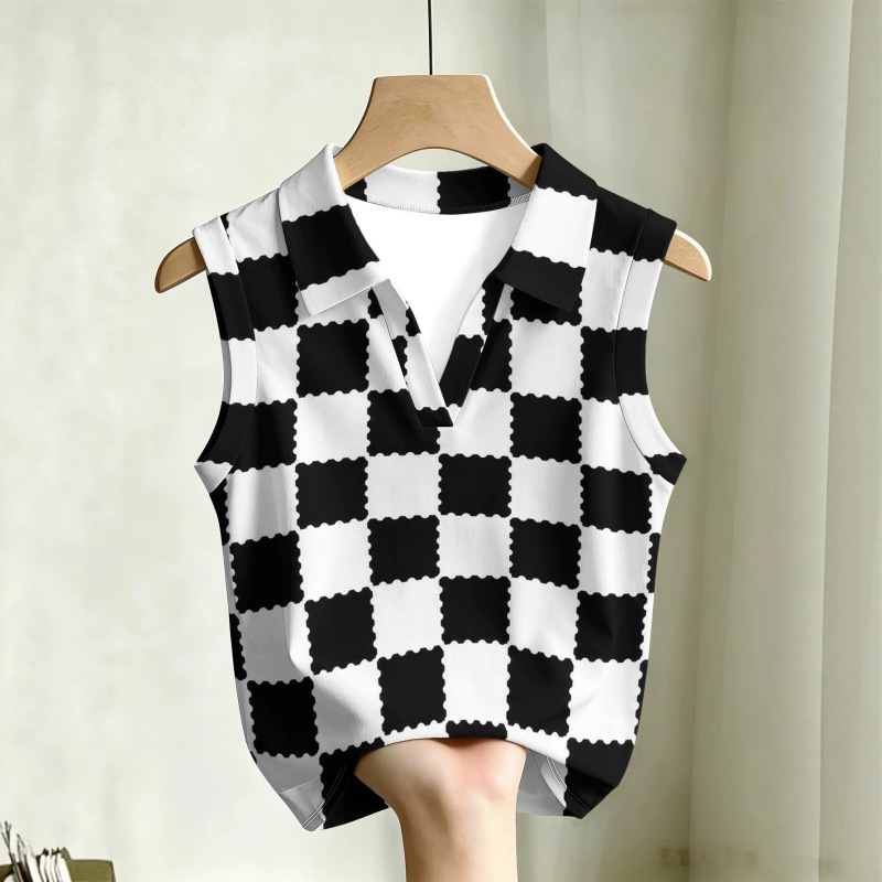 3D Black and White Checkered Sleeveless Polo Shirt for Women, Turn-down Collar V-neck Short Slim Fit Vest, Vintage Plaid Shirt