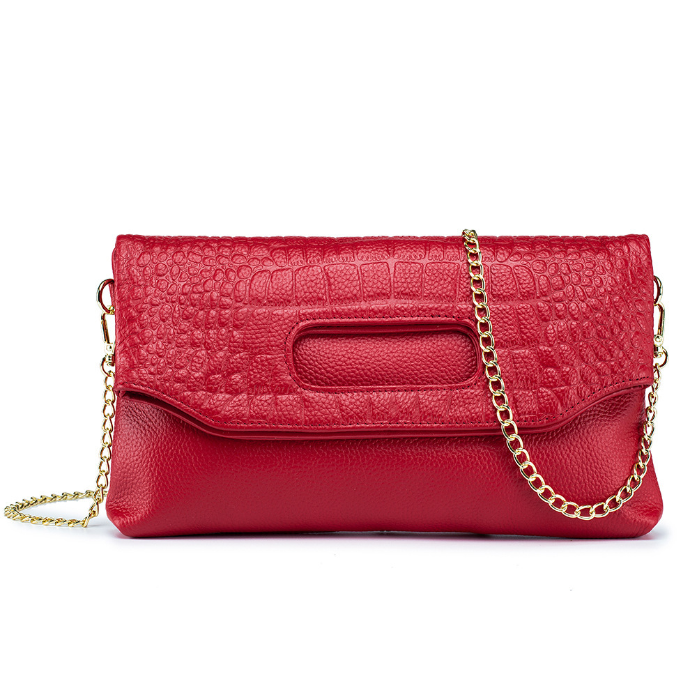 Top Grain Cowhide Luxury Folding Envelope Clutch Bag For Women Genuine Leather Versatile Crocodile Embossed Evening Bag - Thumbnail 6