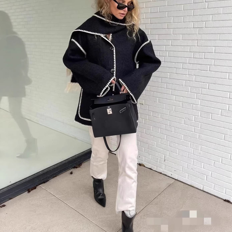 In-Stock Seven-Color Nordic Winter High-End Women's Embroidered Tassel Scarf Wool Coat Versatile Woolen Jacket for Women