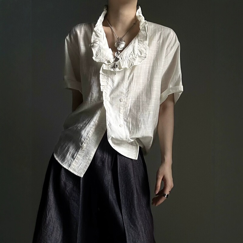 Retro Palace Style Short Sleeve Shirt for Men and Women, 2026 Summer, Ruffle Collar, Lace French Trim, Unisex Shirt