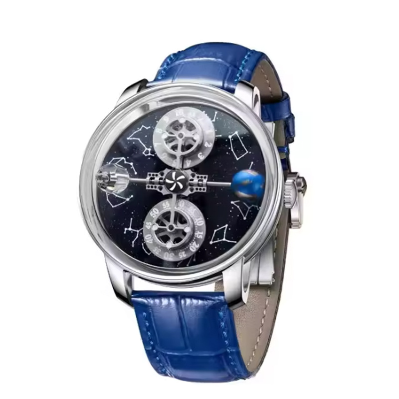 Đồng hồ nam cơ khí tự động lộ máy mặt số họa tiết chòm sao, dây da — 6573 Bạc vỏ chéo da đen, 6573 vỏ bạc da đen