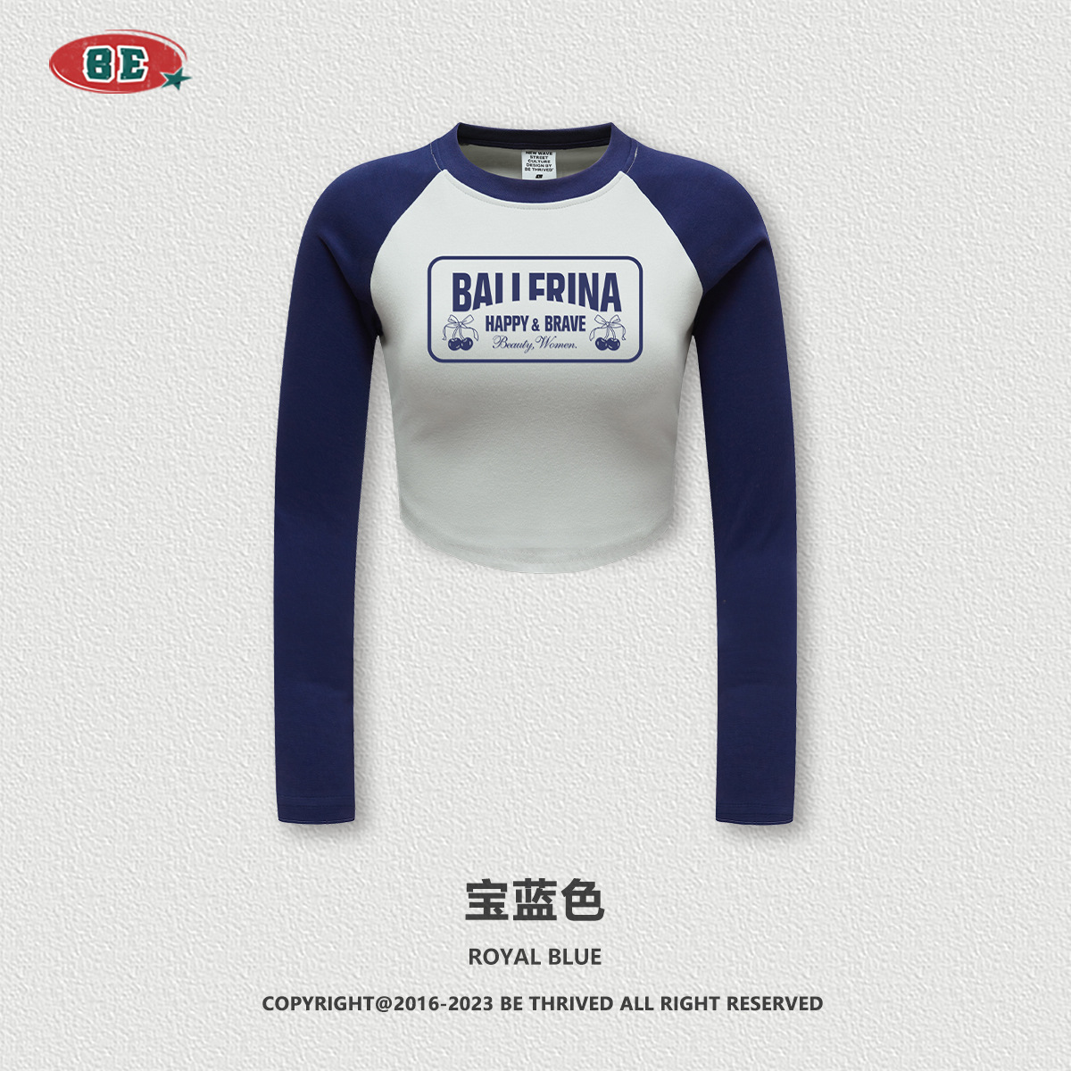 BE ropa de mujer | 2025 otoño e invierno retro americano marca de moda raglán estampado de contraste camiseta de manga larga chica caliente blusa corta mujer image 8