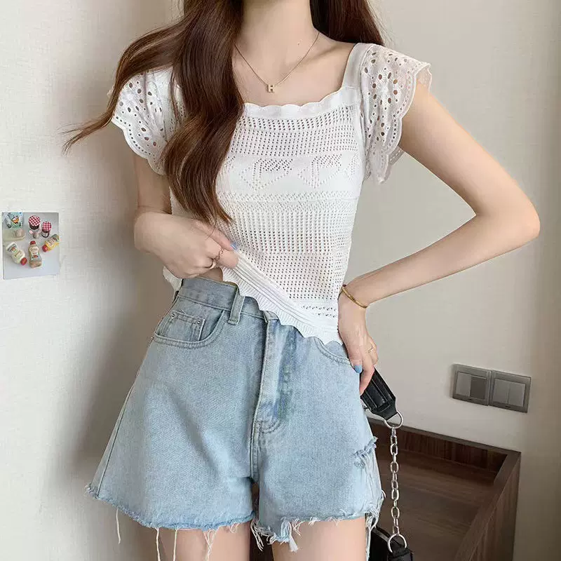方领套头短袖短款针织衫女夏季薄款新款修身显瘦小个子上衣女小衫