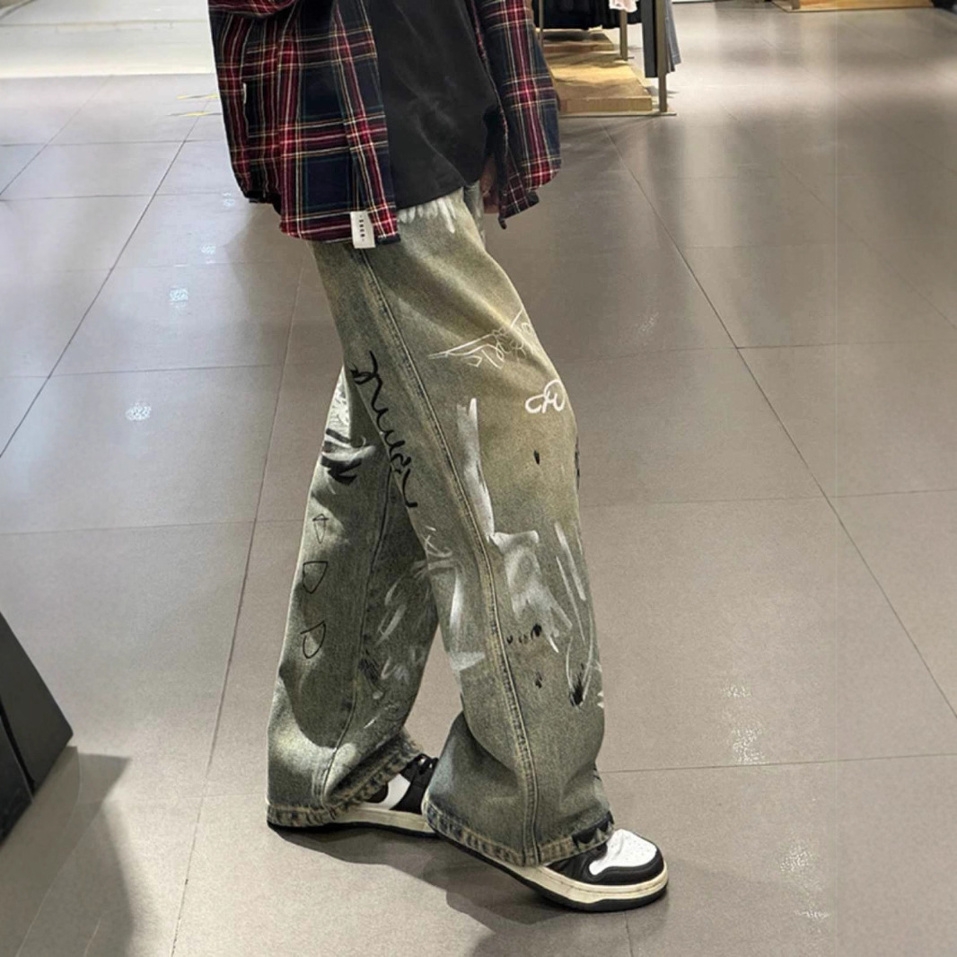 Jeans da uomo vintage graffiti larghi e dritti, stile old school, lavaggio fangoso, con patta e bottoni, in misto cotone non elasticizzato, dalla taglia S alla XXXL_voghion.com