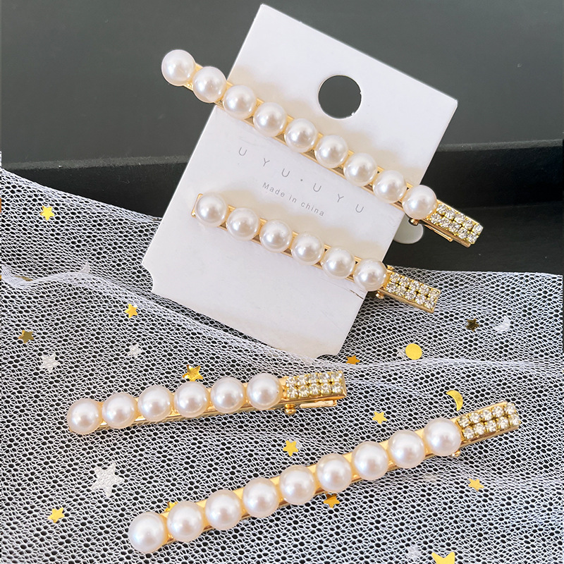 Korea Dongdaemun ins temperament socialite broken hair rectangular Pearl Rhinestone duck bill clip hairpin small jewelry wholesale
