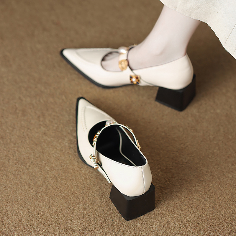 1665-3 Shallow Mouth High Heels Women's Spring New French Temperament High-end Single Shoes Thick Heel Mary Jane Leather Shoes