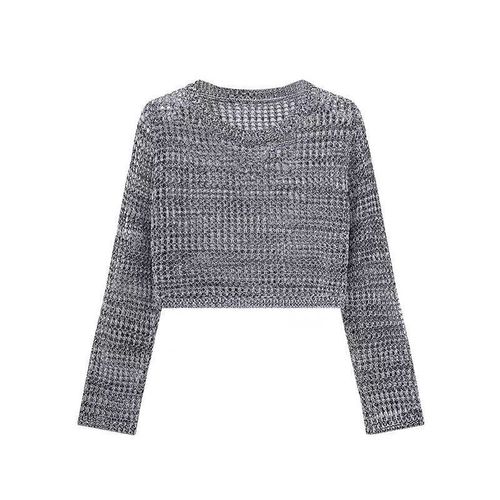 Retro hole design round neck long sleeve knitted sweater early spring loose petite trendy outerwear top