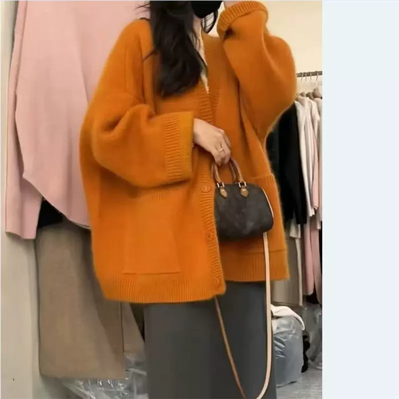 慵懒风软糯宽松开衫毛衣外套女2025秋冬外穿韩版纯色大板针织衫女