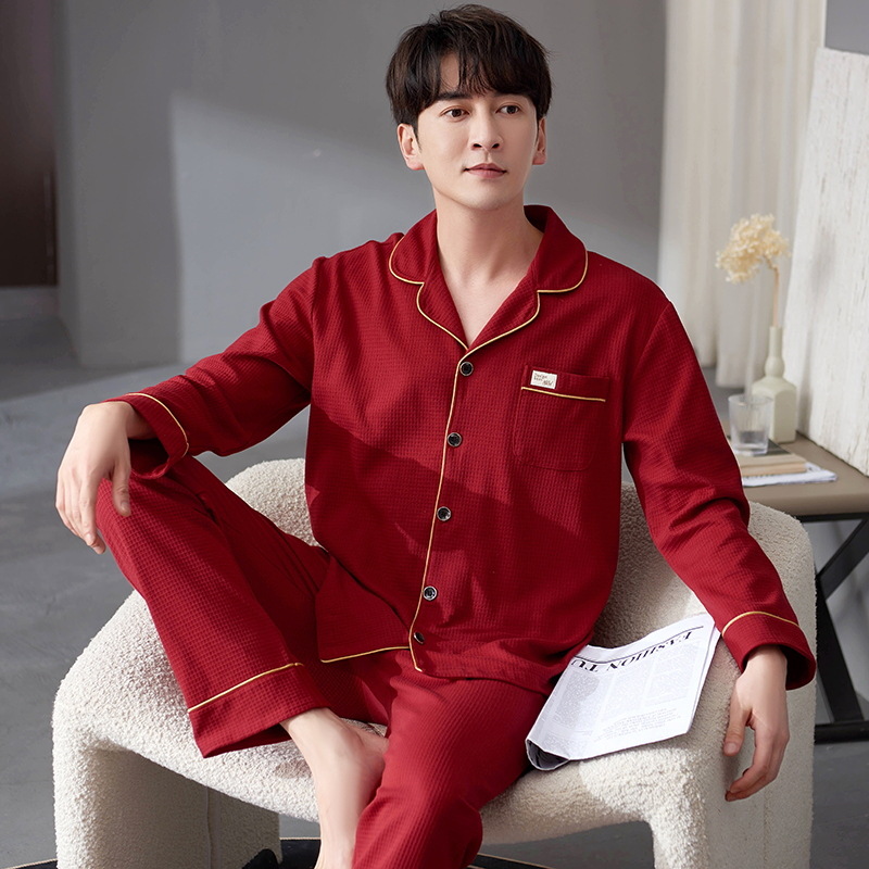 Otoño de los hombres recién casados de algodón de manga larga de color rojo brillante ropa para el hogar cardigan festivo de algodón puro más el traje de tamaño pijama de los hombres