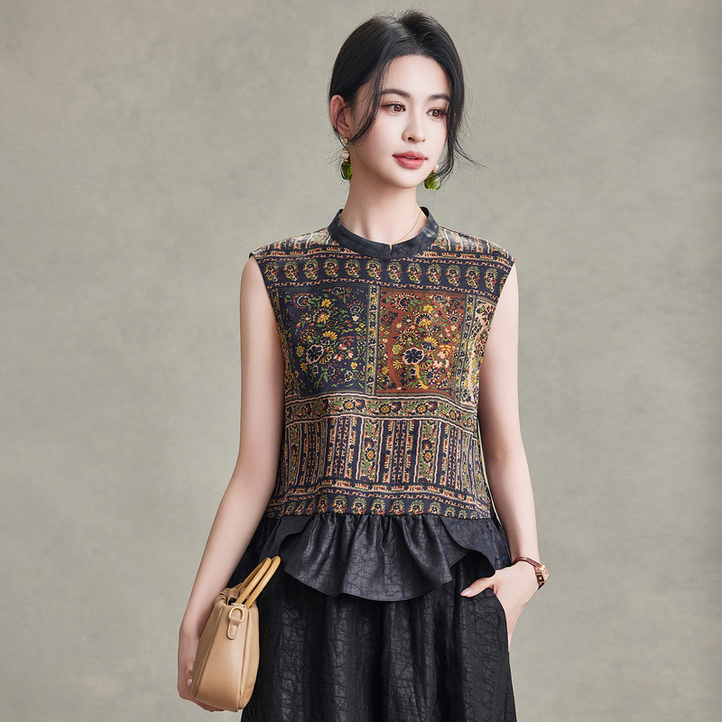 Women's High-Quality Mulberry Silk Xiangyun Silk Shirt, Sleeveless, Printed, Fashionable, Stylish, Age-Reducing Mulberry Silk Blouse Women's High-Quality Mulberry Silk Xiangyun Silk Shirt, Sleeveless, Printed, Fashionable, Stylish, Age-Reducing Mulberry Silk Blouse