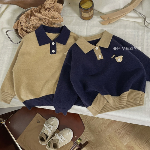 Spring  New Korean Print Forest Style Loose Knit Sweater for Boys and Girls, Children's POLO Collar Stylish Trendy Children's Clothing