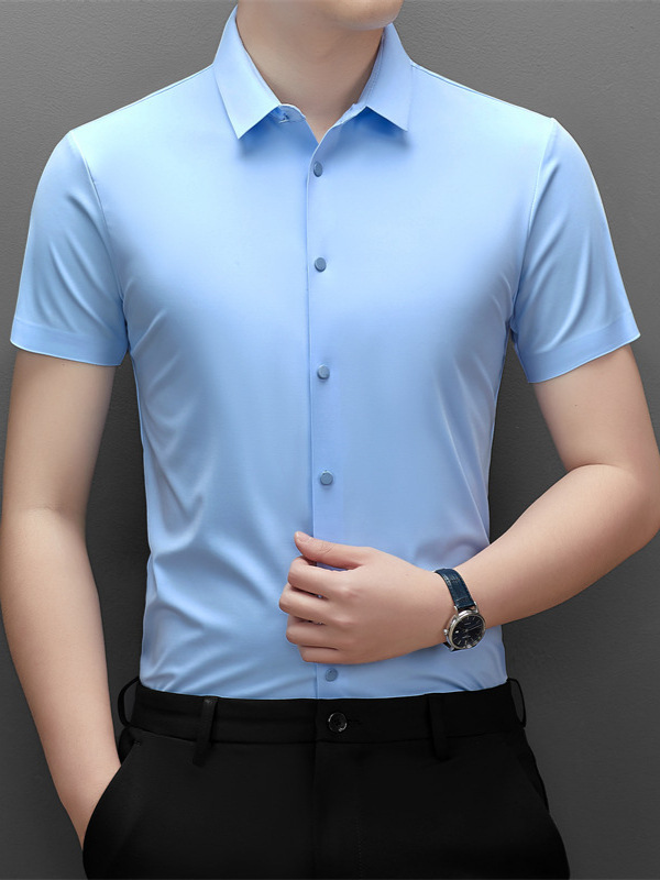 Polo para hombre de primavera y verano, estilo casual de negocios, sin arrugas, elástico, transpirable, sin costuras, con cuello vuelto, manga corta, sin costuras y elástico.