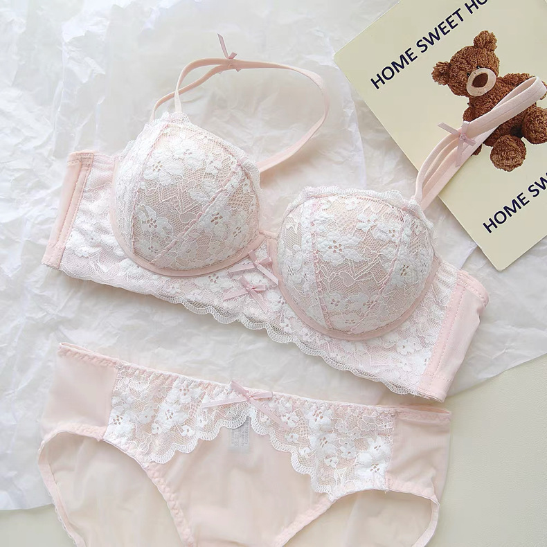 Fragrant Tea Atmosphere ~ French Lace Sexy Intimates for Girls Without Rims, Small Breasts Push-Up and Lift Bra Set