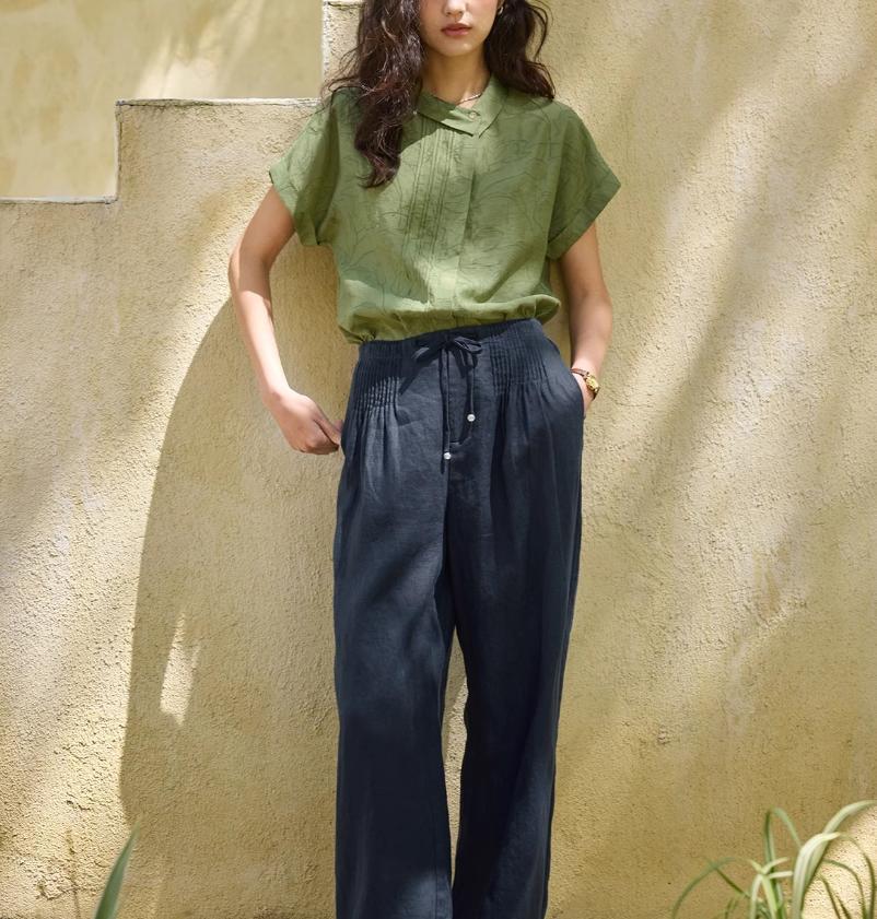 Áo sơ mi nữ linen họa tiết jacquard cổ ve không đối xứng tay ngắn — Mây trắng, Xanh lông mòng tre chi tiết 7