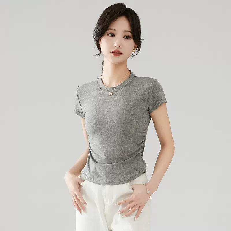 圆领短袖t恤女装夏季褶皱收腰设计感小众辣妹百搭短款修身上衣