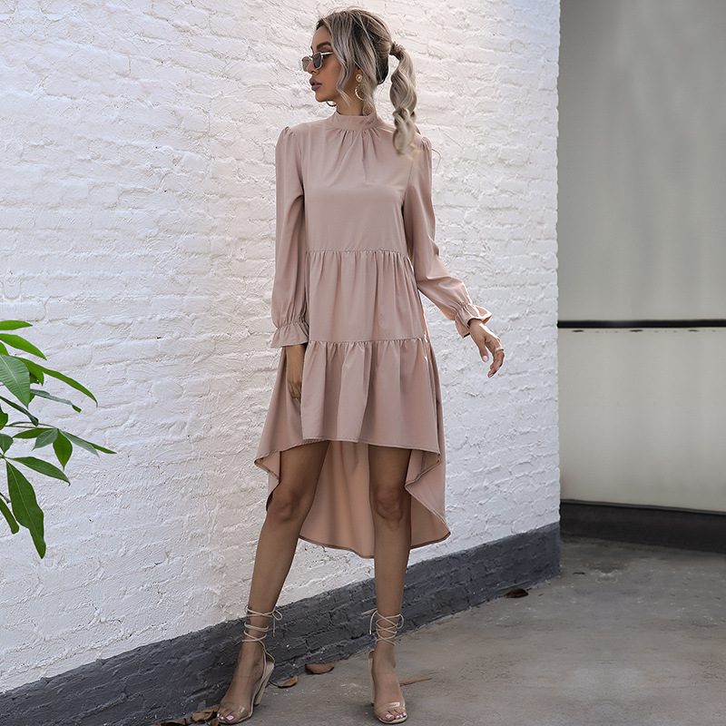 folds lace-up irregular half high collar dress NSYMR48812