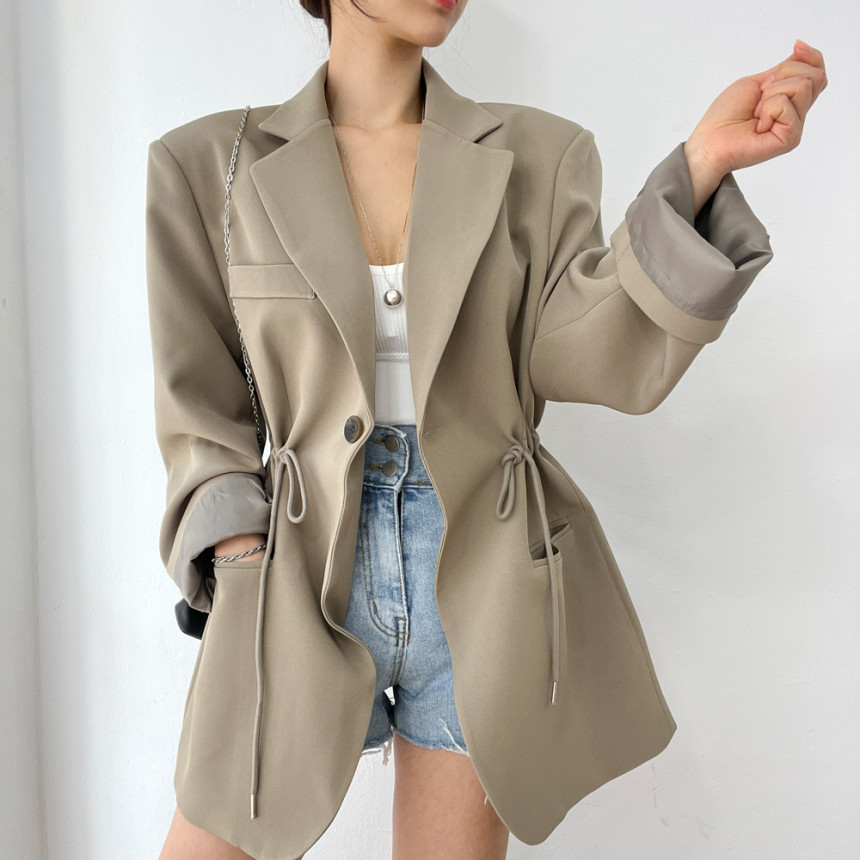 Korean Chic Autumn And Winter French Retro Style Blazer With Drawstring Waist, Slimming Effect, Pockets, Versatile_ecoleips.com