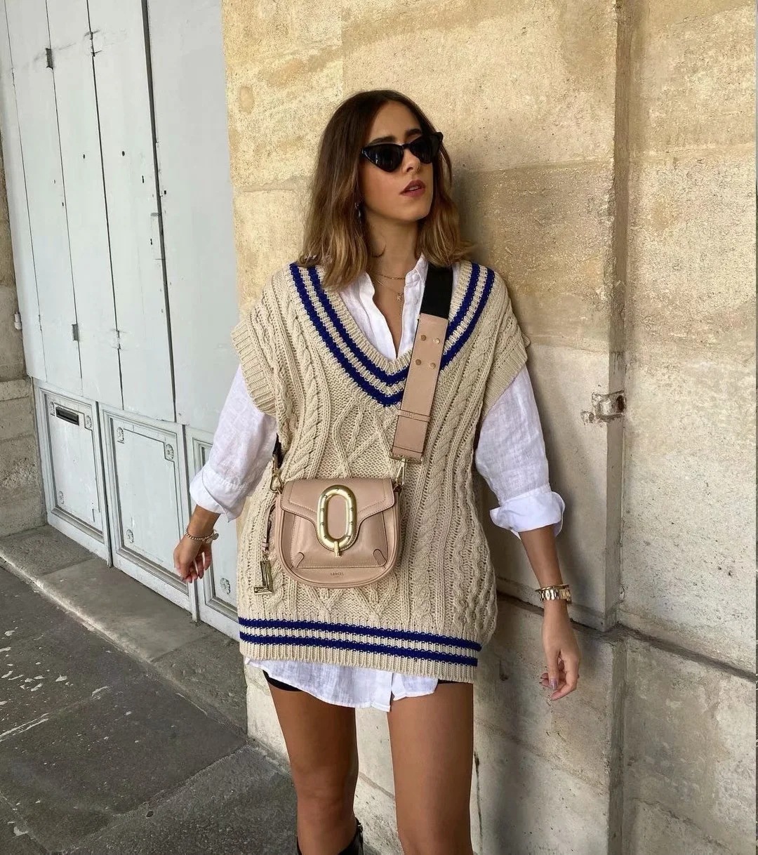 Striped contrast color V-neck twist loose vest NSAC20140
