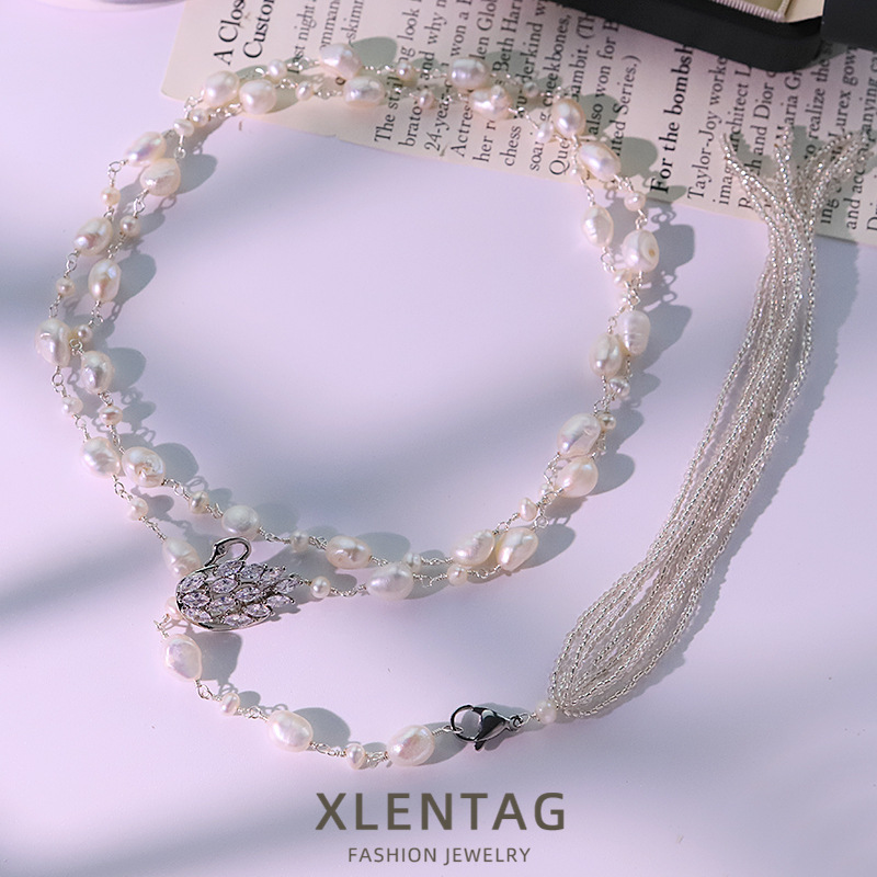 Perla natural de cristal de diamante collar de suéter collar de lujo ligero hecho a mano de mujeres estilo de alta calidad collar de collar versátil