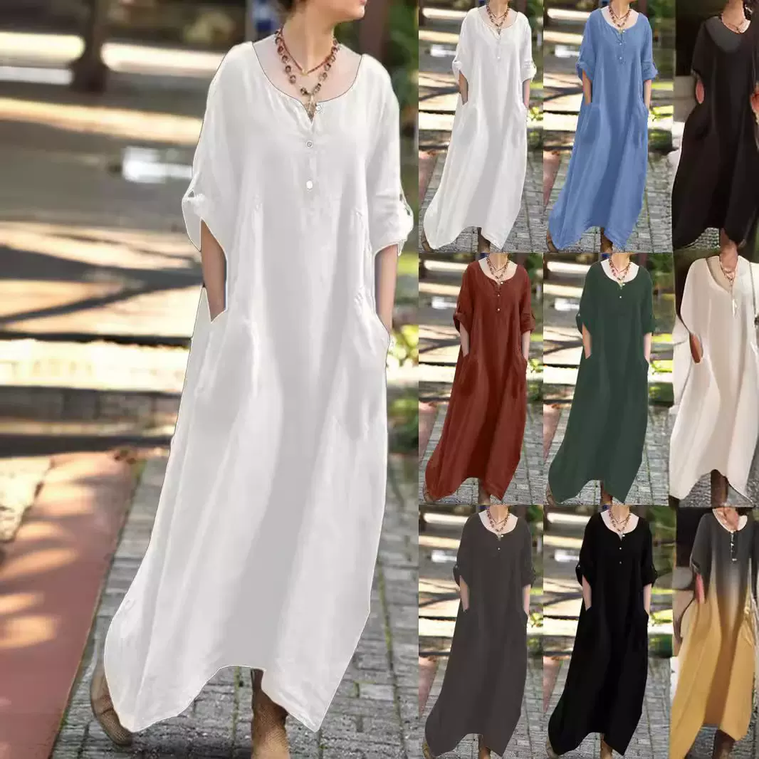 2025新款外贸欧美速卖通休闲宽松长袖V领口袋派对棉麻连衣裙女