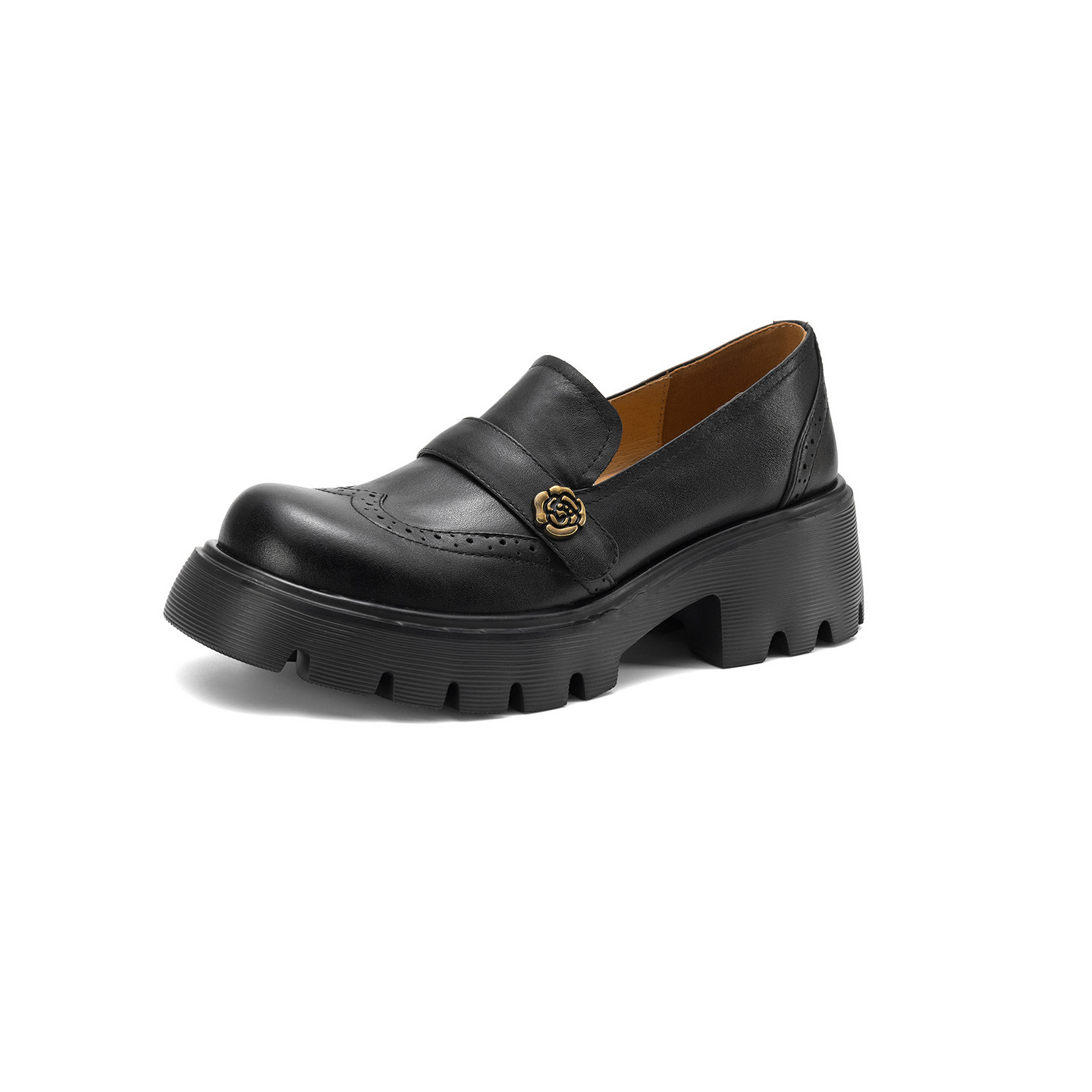 Giày loafer nữ đế xuồng phong cách Anh cổ điển, mũi tròn, gót cao nhỏ, họa tiết hoa sơn trà — màu nâu chi tiết 24