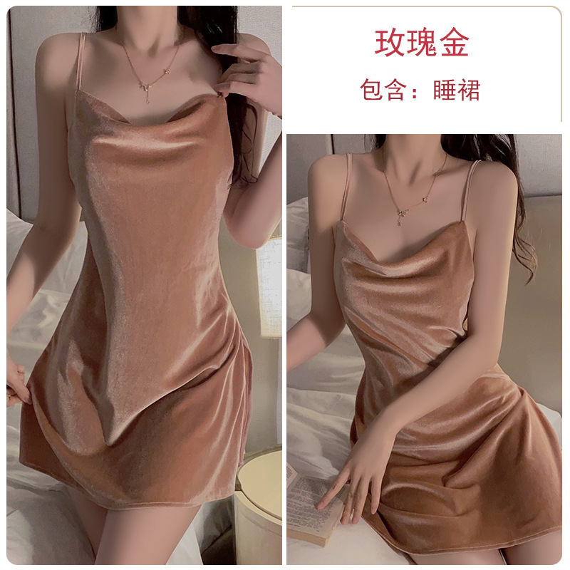 瑰若纯欲甜美丝绒睡衣激情火辣低胸荡领睡裙开襟外袍家居套装2821|undefined