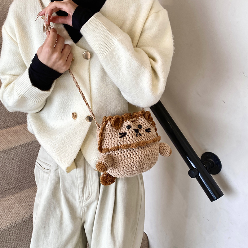Bolsos para niños ganchos hechos a mano, bolsos de hombro para niños y niñas, bolsos de hombro lindos de lana, león pequeño, bolsos mochilas de cuerda de dibujo