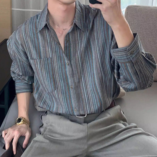 High-Quality Spring and Autumn Blue Stylish Striped Vintage Shirt for Men, Loose Fit, Casual, Cool Long-Sleeve Shirt, Trendy