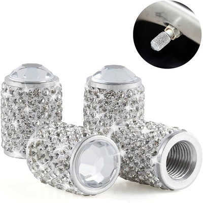 New Model Full Diamond Valve Cap Cross-Border Aluminum Alloy with Sealing Ring Car Tire Cover Car Metal Valve Core for Women (valve) - white-diamond-pack-of-4