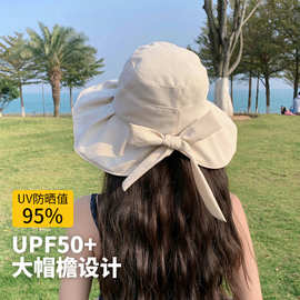 渔夫帽女夏季新款黑胶防晒大沿帽网红百搭纯色皱皱蝴蝶结遮阳帽