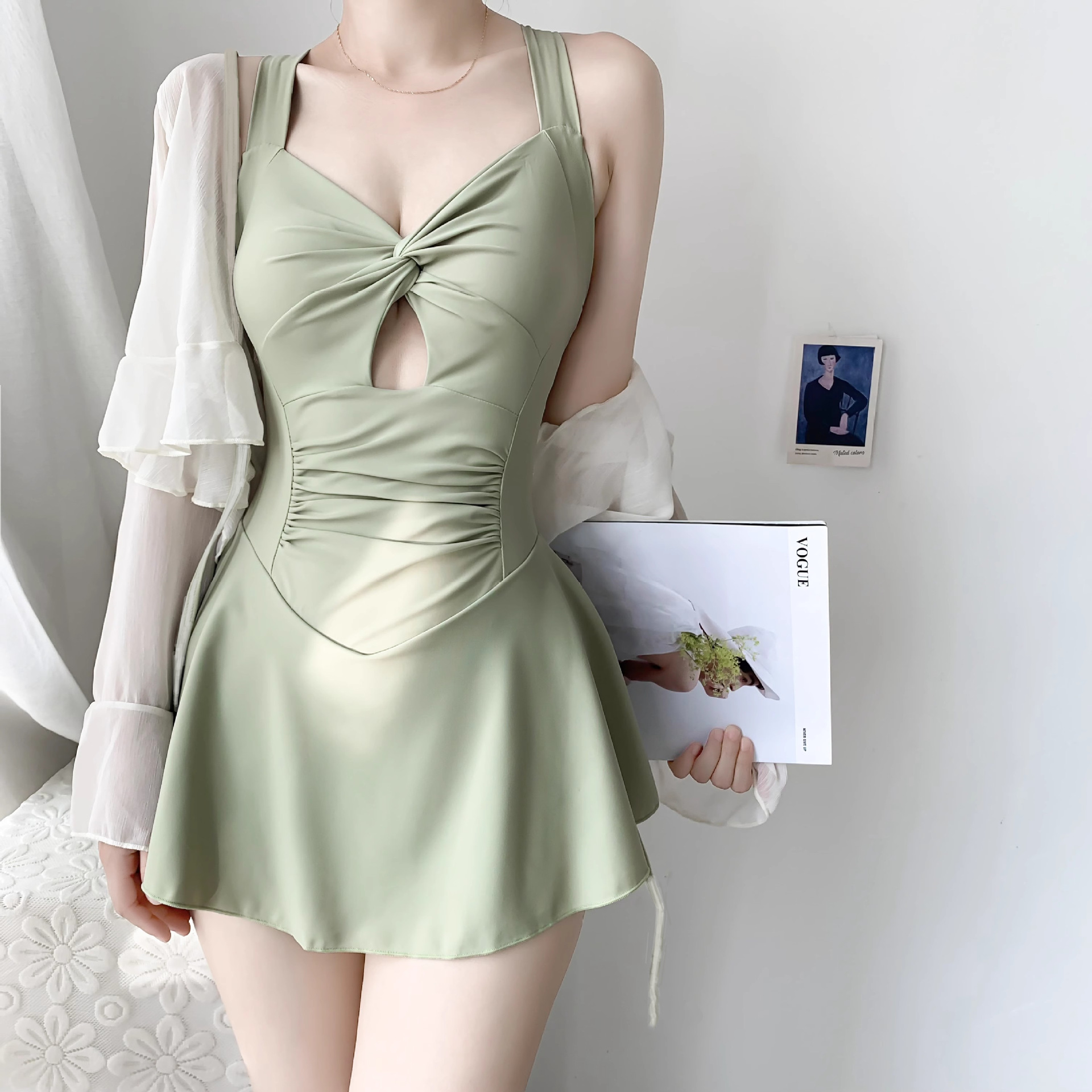 Swimwear Women's Skirt Style Conjoined Conservative Belly Covering Slim Korean Style Ins Style Super Fairy Small Chest Gathering Hot Spring High-end Sense