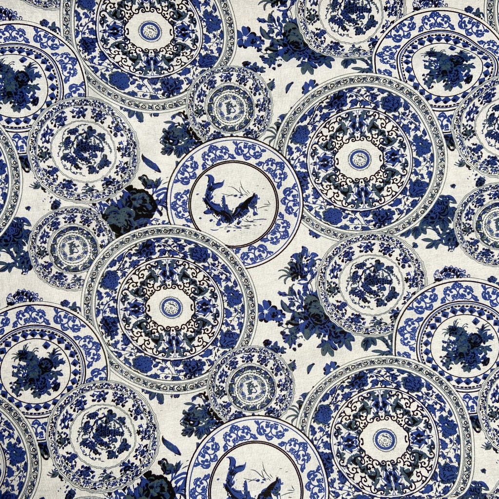 棉麻印花青花瓷系列布料 旗袍沙滩裤连衣裙青花瓷盘棉麻服装布料