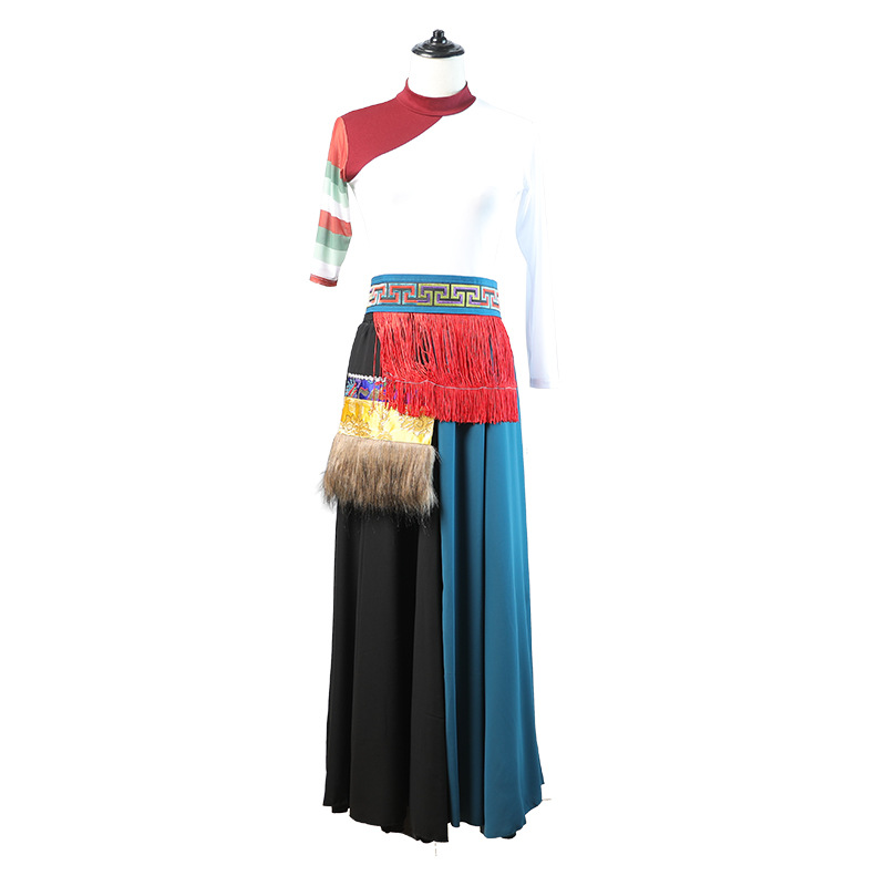 Ropa de danza Xizanga falda de media longitud práctica de las mujeres étnicas Xizangas Top Square danza práctica rendimiento ropa gran swing falda