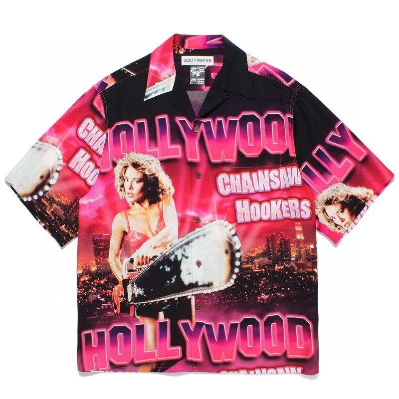 Wackomaria 23Ss Chainsaw Chainsaw Massacre Hawaiian Hawaiian Short-Sleeved Shirt for Men and Women