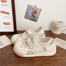 2025夏季新款女式PU皮圆头浅口增高小白鞋丑萌魔术贴镂空玛丽珍鞋