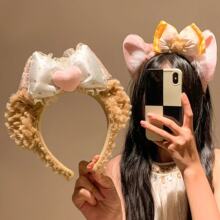 卡通可爱咖色毛绒耳朵蝴蝶结发箍女高级感头箍甜美少女粉色仙女