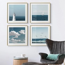 北欧蓝天海灯塔云帆布绘画海报打印高清现代海景墙艺术图片客厅卧