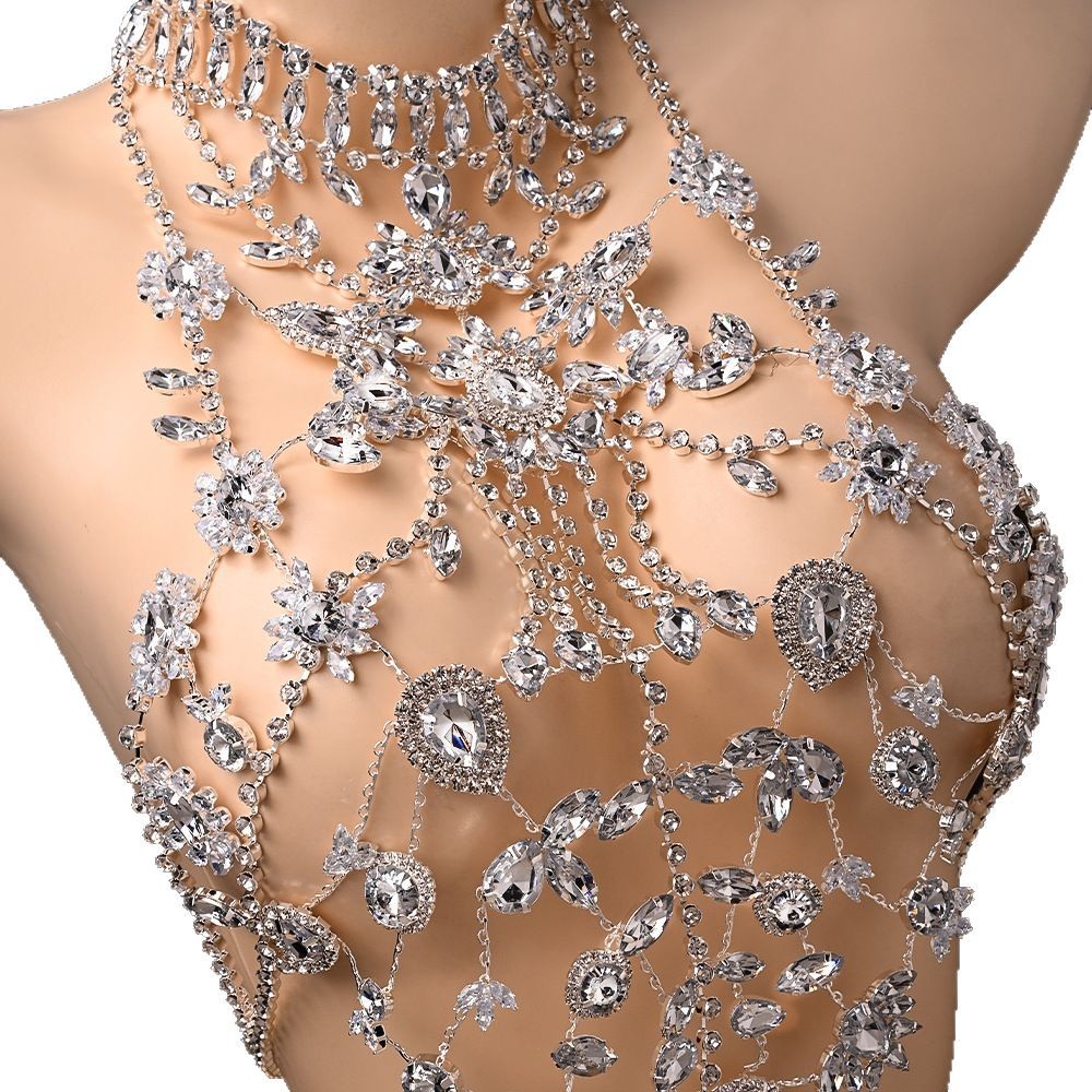 Europa y los Estados Unidos de la nueva cadena de pecho de diamante en forma de flor sexy baile de lujo colgar accesorios de cadena de cuerpo femenino