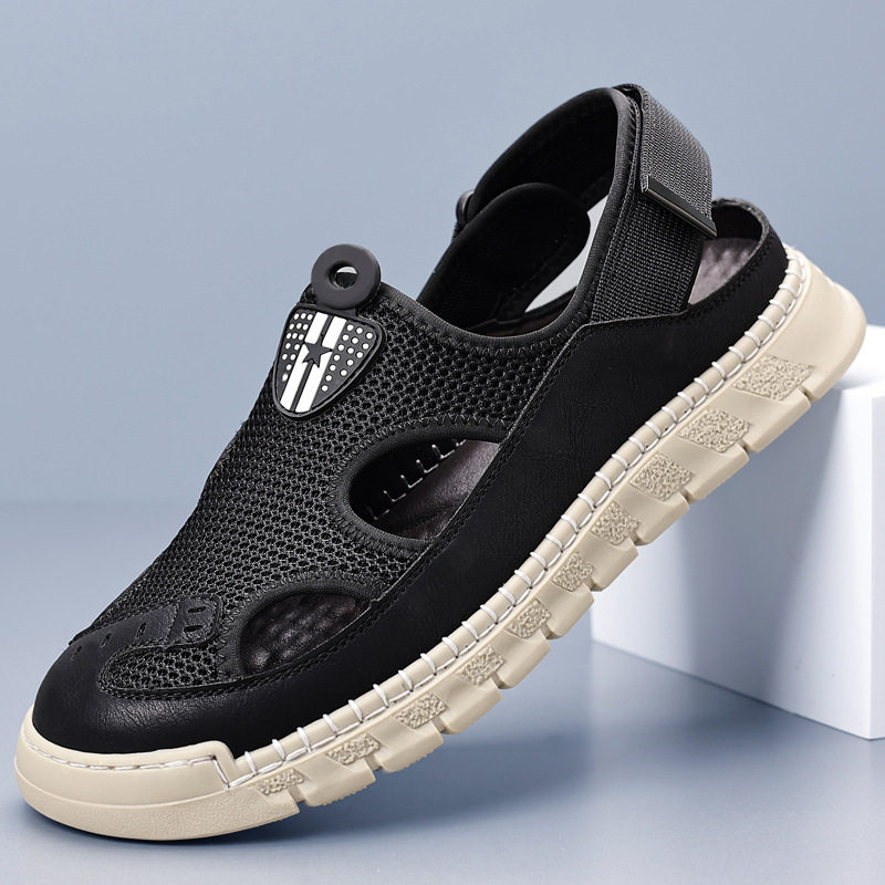 Giày sandal nam thân lưới dệt thoáng khí khoét lỗ, khóa dán, kiểu bao đầu, đi học và đi chơi mùa hè — Màu kaki, màu đen