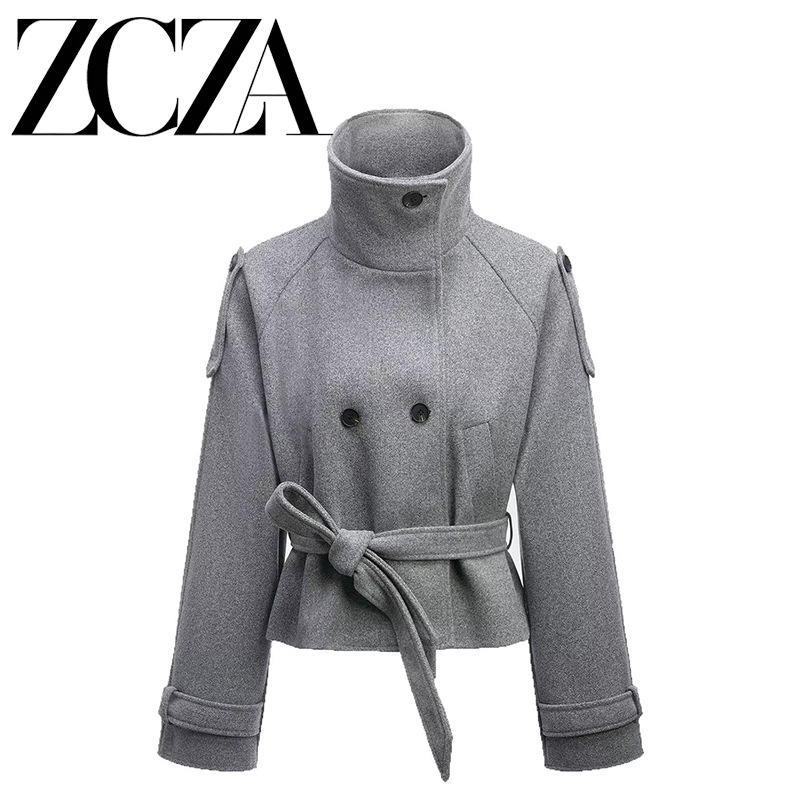 Zcza Self-Made European and American Style New Women's Fashion Versatile Double-Breasted Jacket with Built-In Waist Strap