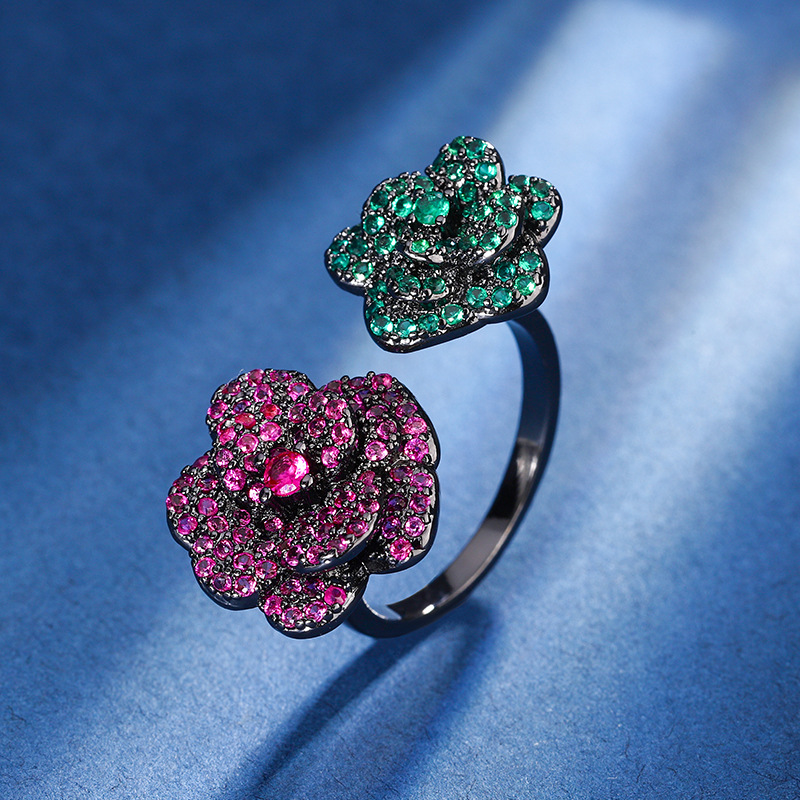 2024 nueva joyería Zhuang Shengsheng fondo de cobre chapado en oro simulación corindón rojo oro negro flor eterna anillo de personalidad mujer