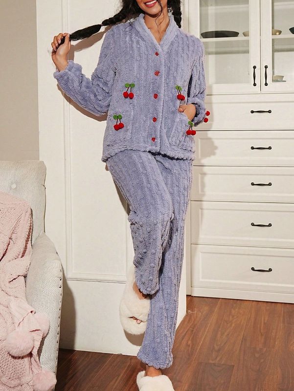 秋冬の女性用クロスボーダー人気ベルベット暖かいパジャマ、かわいいチェリー甘い女の子はパジャマの外で着用できます|undefined