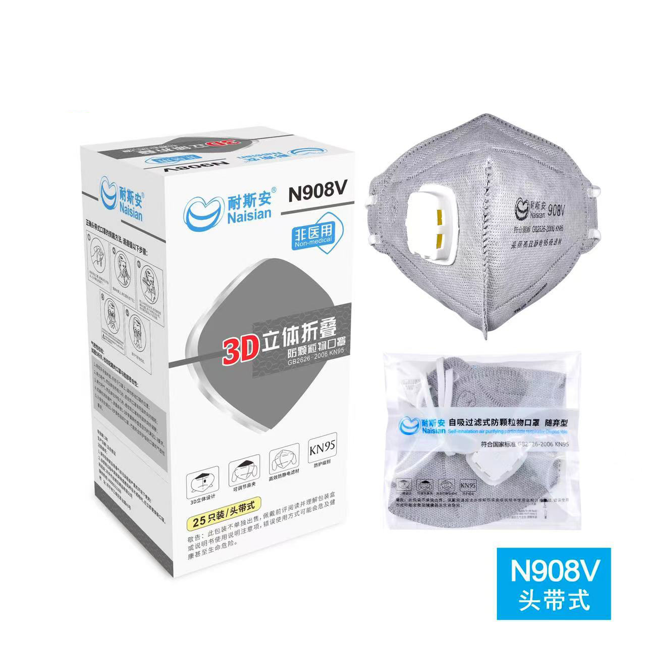 耐斯安N908V头戴式透气KN95防工业粉尘打磨灰粉尘防雾霾有呼吸阀
